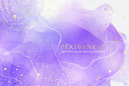 Violet lavender liquid watercolor marble background with golden lines. Pastel purple periwinkle alcohol ink drawing effect. Vector illustration design template for wedding invitation, menu, rsvpのイラスト素材