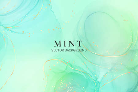 Cyan mint liquid marble watercolor background with golden lines and brush stains. Teal turquoise...
