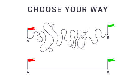 Concept of plan, easy expectation and complicated reality way. Complex messy lines, from journey to target. Process of problem simplifying as travel route. Vector illustration of find shortest wayのイラスト素材