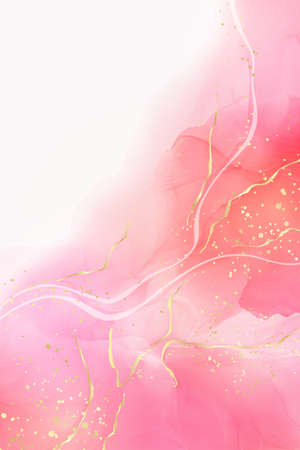 Rose pink liquid watercolor background with golden dots. Dusty blush marble alcohol ink drawing effect. Vector illustration design template for wedding invitation, menu, rsvpのイラスト素材