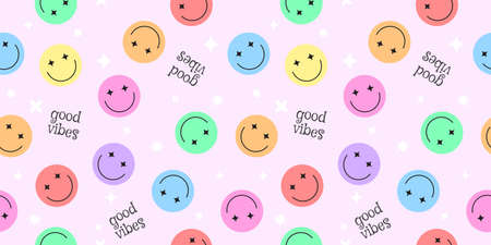 Happy smile faces seamless pattern in trendy funky y2k style. Colorful circle stickers, character...