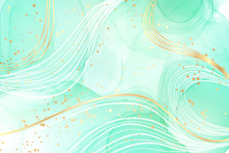 Royal cyan mint liquid marble watercolor background with white lines and brush stains. Teal turquoise marbled alcohol ink drawing effect. Vector illustration backdrop, watercolour wedding invitationのイラスト素材