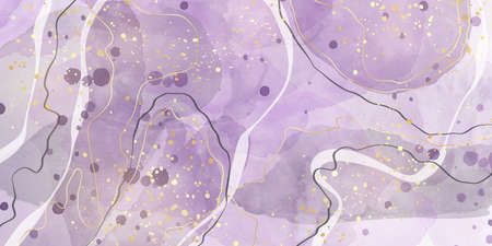 Purple and pastel grey liquid marble watercolor background with gold lines. Violet elegant minimal modern canvas wallpaper with paint brush pattern. Vector illustration, watercolour designのイラスト素材