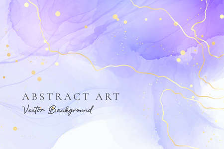 Purple blue and lavender liquid marble background with gold stripes and glitter dust. Pastel cyan violet watercolor drawing effect. Vector illustration backdrop with gold splatter for wedding inviteのイラスト素材