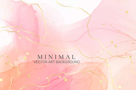 Rose pink liquid watercolor background with golden dots. Dusty blush marble alcohol ink drawing effect. Vector illustration design template for wedding invitation, menu, rsvpのイラスト素材