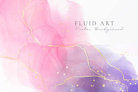 Purple rose and lavender liquid marble background with gold stripes and glitter dust. Pastel pink violet watercolor drawing effect. Vector illustration backdrop with gold splatter for wedding inviteのイラスト素材