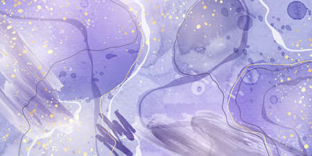 Purple liquid marble watercolor stain background with gold lines. Violet elegant minimal modern...