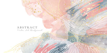 Salmon red liquid watercolor background with lines and stains. Abstract crimson blue paint brushstrokes drawing effect. Vector illustration design template for wedding invitation, banner, wall printのイラスト素材