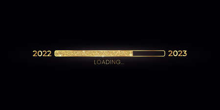 2023 New Year gold progress bar. Golden loading bar with glitter particles on black background for Christmas greeting card. Design template for holiday party invitation. Concept of festive bannerのイラスト素材