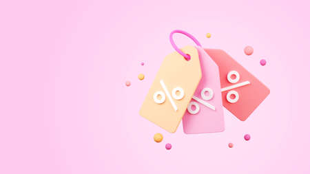 3d price tags with percent discount inscription isolated on blush pink background. Discount coupon. Concept of online sale. 3d rendering illustration of promo tag coupon, sale voucherの写真素材