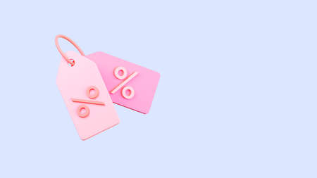 3d price tags with percent discount inscription isolated on pastel blue background. Discount coupon. Concept of online sale. 3d rendering illustration of promo tag coupon, sale voucherの写真素材