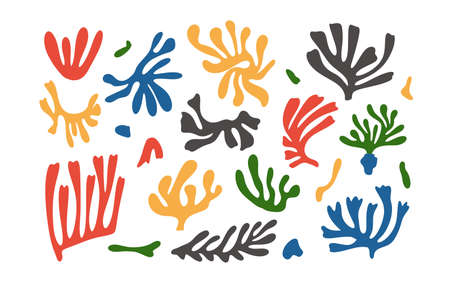 Abstract modern organic design elements in Matisse style. Contemporary shapes with nature-inspired, irregular cutouts forms. Retro boho wall decor stickers like seaweed coral. Vector illustrationのイラスト素材