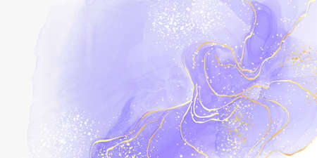 Violet cyan blue liquid watercolor background with golden stains. Teal mauve purple marble alcohol ink drawing effect. Vector illustration design template for wedding invitation, menu, rsvpのイラスト素材
