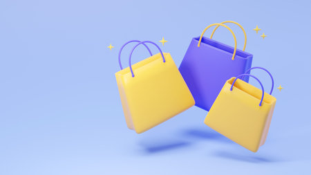 3d shopping bags for product purchase isolated on blue background. Banner template for sale, special offer of promotion. Concept of online shopping. 3d rendering of gift cartoon paper handbag.の写真素材