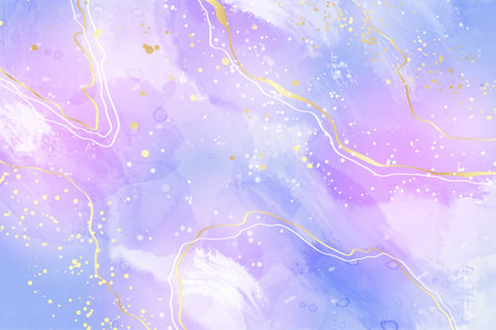 Violet cyan blue liquid watercolor background with golden stains. Teal mauve purple marble alcohol ink drawing effect. Vector illustration design template for wedding invitation, menu, rsvpのイラスト素材