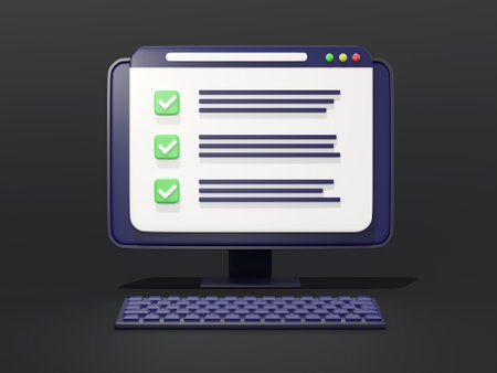 Checklist on desktop PC, 3d render illustration, dark background. Computer with checked tasks. Concept of online survey, exam note, business contract, research form, evaluation document, questionnaireの写真素材