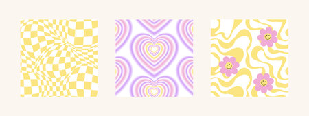 Y2k cool groovy backgrounds. Retro pop 70s cute hippie backdrop. Seventies psychedelic pattern wallpaper. Vector illustration in groovy trendy yellow, pink, violet colorsのイラスト素材