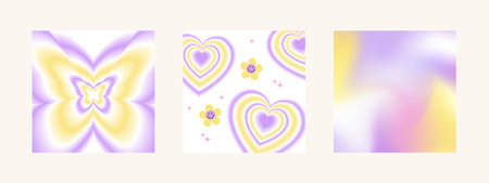 Y2k cool groovy backgrounds. Retro pop 70s cute hippie backdrop. Seventies psychedelic pattern wallpaper. Vector illustration in groovy trendy yellow, pink, violet colorsのイラスト素材