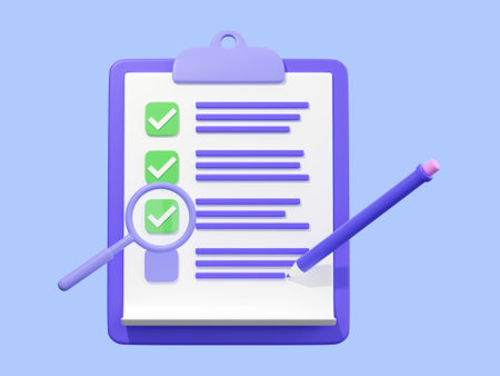 Survey checklist, 3d render illustration, blue background. Clipboard with checked tasks. Concept of online survey, exam note, business contract, research form, evaluation documentの写真素材