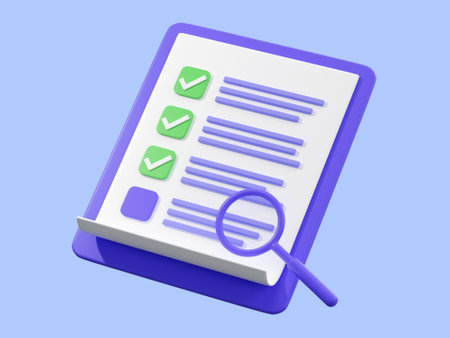 Survey checklist, 3d render illustration, blue background. Clipboard with checked tasks. Concept of online survey, exam note, business contract, research form, evaluation documentの写真素材