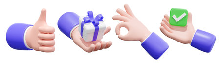 Hand gestures set in 3d cartoon style. 3d render human arm holding gift box, thumb up sign, arm pointing up okay, done, victory. 3d rendering illustration of business characters hand emoticonsの写真素材
