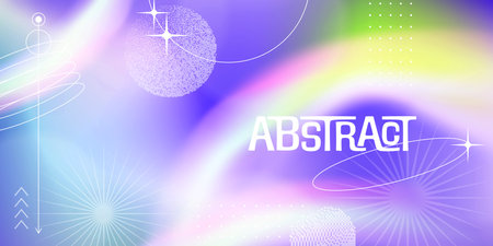 Blurred cool gradient background with geometric shapes. Fluid holographic gradient poster for wall art or social media cover. Modern wallpaper design tempate, brutalism inspired. Vector illustrationのイラスト素材