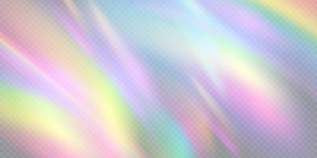 Rainbow light prism effect, transparent background. Hologram reflection, crystal flare leak shadow overlay. Vector illustration of abstract blurred iridescent light backdrop.のイラスト素材
