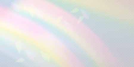 Rainbow light prism effect, transparent background. Hologram reflection, crystal flare leak shadow overlay. Vector illustration of abstract blurred iridescent light backdrop.のイラスト素材
