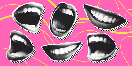 Woman lips as retro halftone collage elements for mixed media design. Mouth in halftone texture, dotted pop art style. Vector illustration of vintage grunge punk crazy art templates.のイラスト素材