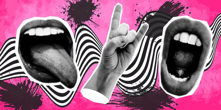 Woman mouth and hand as retro halftone collage elements for mixed media design. Mouth in scream, with tongue, horn hand gesture in halftone texture, dotted pop style. Vector grunge punk crazy artのイラスト素材