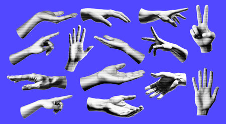 Halftone hand gestures as collage graphic elements. Vintage punk grunge arm dotted pattern stickers. Retro trendy doodle hands vector illustration for posters, social media, business bannersのイラスト素材
