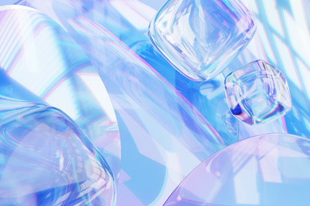 3D abstract holographic shapes gradient background. Transparent liquid glass with rainbow prism light refraction and distortion. 3D rendering illustration of iridescent plastic chromatic textureの写真素材