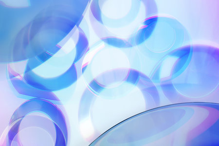 3D abstract holographic shapes gradient background. Transparent liquid glass with rainbow prism light refraction and distortion. 3D rendering illustration of iridescent plastic chromatic textureの写真素材