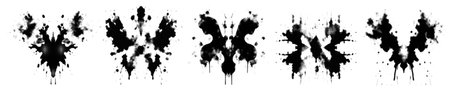 Rorschach inkblot test in halftone texture. Symmetrical abstract ink stains for grunge punk design. Geometric glitch distressed shapes with halftone dither dot print texture. Vector illustrationのイラスト素材