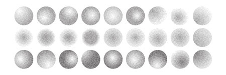Circles with dotted texture, vintage halftone grunge pointillist ellipse. Ball with dissolved spray sand effect. Vector illustration of noise gritty gradient sphere for modern tattoo design.のイラスト素材