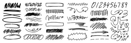 Charcoal scribble stripes, emphasis arrows, handdrawn numbers. Chalk crayon or marker doodle rouge handdrawn scratches. Vector illustration of lines, waves, squiggles in marker sketch style.のイラスト素材