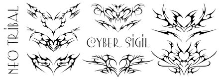 Neotribal y2k aesthetic tattoo, simmetric ethnic shape. Succubus womb art, cyber sigilism style hand drawn ornaments. Vector illustration of emo gothic tribal tattoo designs.のイラスト素材