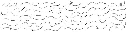 Handdrawn elegant swirls, swashes and divider lines in crayon pencil. Freehand flourishes for wedding invitation font. Paint brush wave doodle, vector Illustrationのイラスト素材