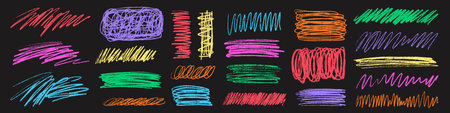 Colorful charcoal scribble stripes and paint shapes. Childrens crayon or marker doodle rouge handdrawn scratches. Vector illustration of horizontal waves, squiggles in marker sketch style.のイラスト素材