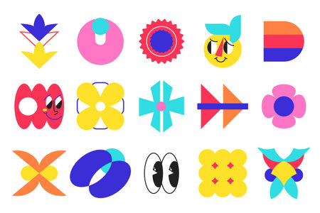 Retro shapes in memphis brutalism style. Cute groovy abstract figure stickers. Vector illustration of simple contemporarty bauhaus icons.のイラスト素材