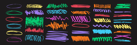 Colorful charcoal scribble stripes and paint shapes. Childrens crayon or marker doodle rouge handdrawn scratches. Vector illustration of horizontal waves, squiggles in marker sketch style.のイラスト素材