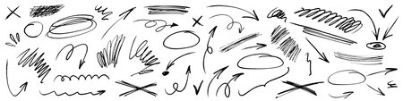 Grunge charcoal scribble stripes, emphasis arrows, hand-drawn doodle bold shapes, paint brushstrokes, ink rough blobs. Chalk or marker doodle rouge freehand scratches. Vector illustrationのイラスト素材