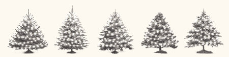 Christmas trees with garland in retro stipple effect. Trendy vector illustration for collage with vintage photocopy texture. Grainy, noisy, gritty design for grunge punk banner, poster, templateのイラスト素材