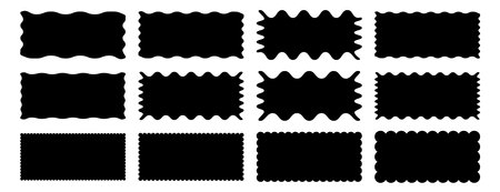 Rectangle shape frame with zigzag edge. Rectangular jagged curved box element. Geometric zig zag wavy stickers. Wiggly undalute square badge, vector illustration for poster, banner, social media template.のイラスト素材