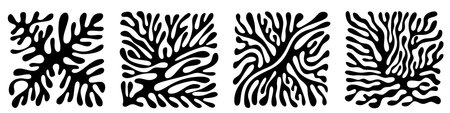 Abstract modern organic design elements in Matisse style. Contemporary shapes with nature-inspired, irregular cutouts forms. Retro groovy naive stickers, vector illustration for contemporary posters, banners.のイラスト素材