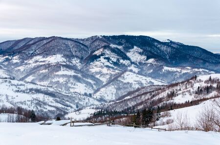Winter mountain view at dawn wooden fence in snow, blue, green trees scattered on snow covered...