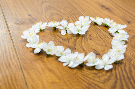 A beautiful heart of flowers. White flowers in the shape of heart on a wooden backgroundの写真素材