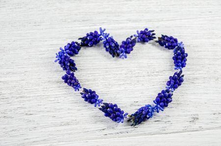 Heart of flowers. Blue flowers on a table in the shape of a heartの写真素材