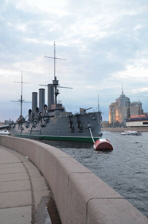 Cruiser  Aurora  at  white night, St  Petersburgのeditorial素材