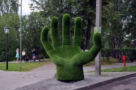 Landscape design in Vologda, Russia; An armchair in a shape of handのeditorial素材